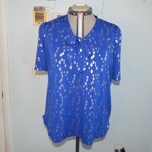 Louise Paris Size XL Blue Gold Shiny Polka Dot Tie Blouse Shirt Top Vintage Vtg